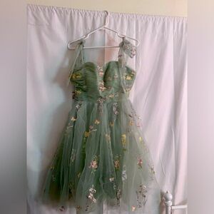 Mini green dress flower embroidery tulle